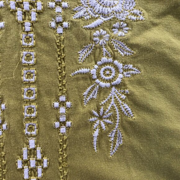 J. Jill Womens Tunic Blouse Top Large Green Embroidered Floral 3/4 Sleeve Boho - Picture 10 of 14